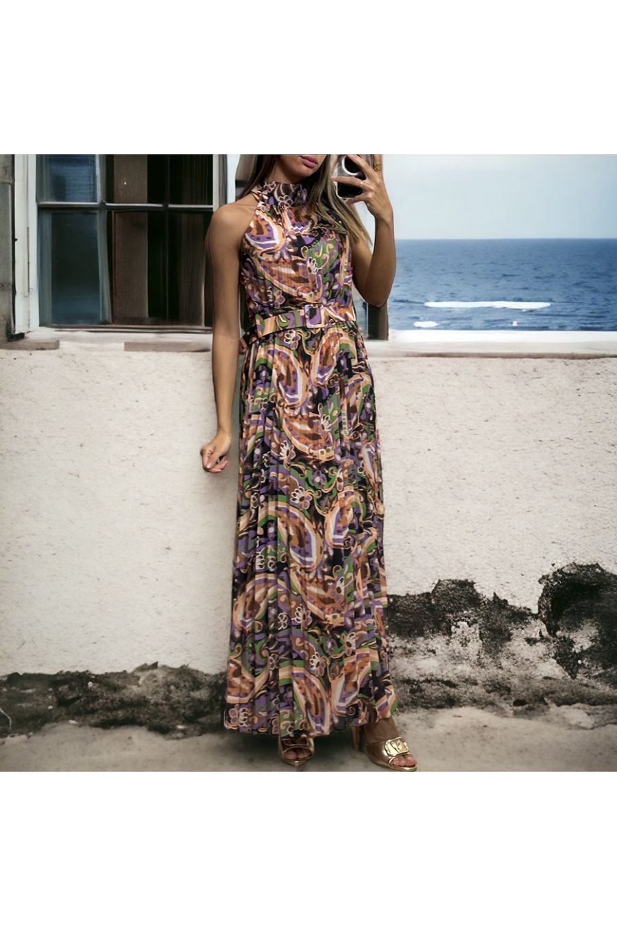 Long black pleated dress with sublime printed pattern belt - 3