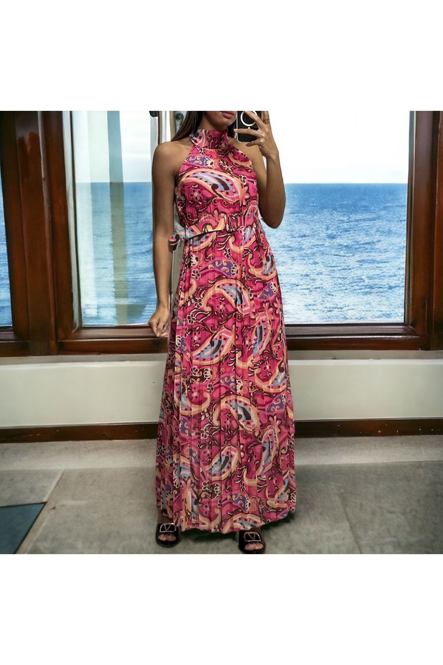 Long fuchsia pleated dress with sublime printed pattern belt - 1