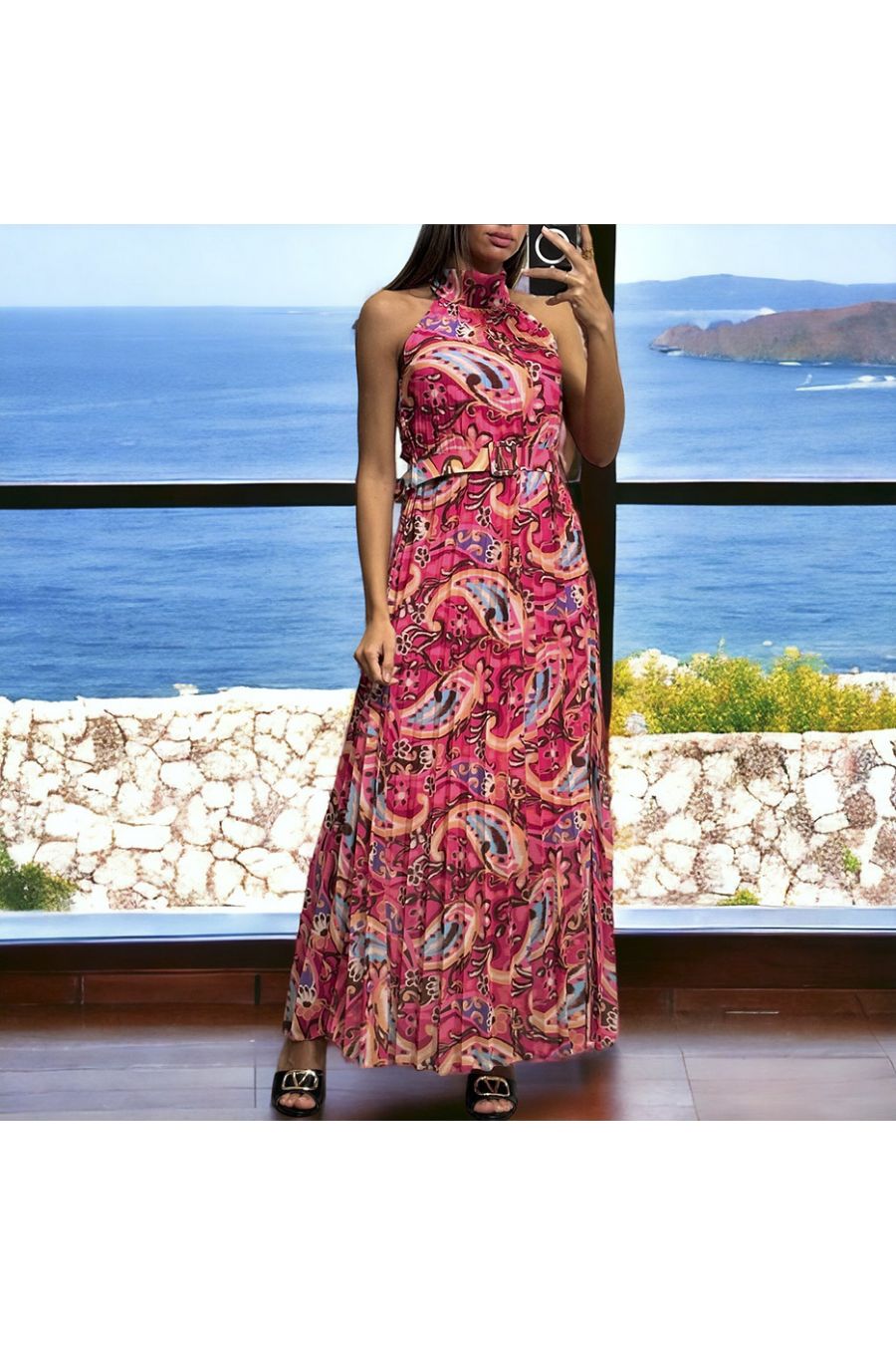 Long fuchsia pleated dress with sublime printed pattern belt - 2