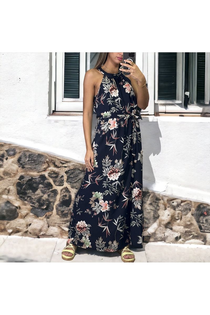 Long navy dress with floral pattern and round neck - 1