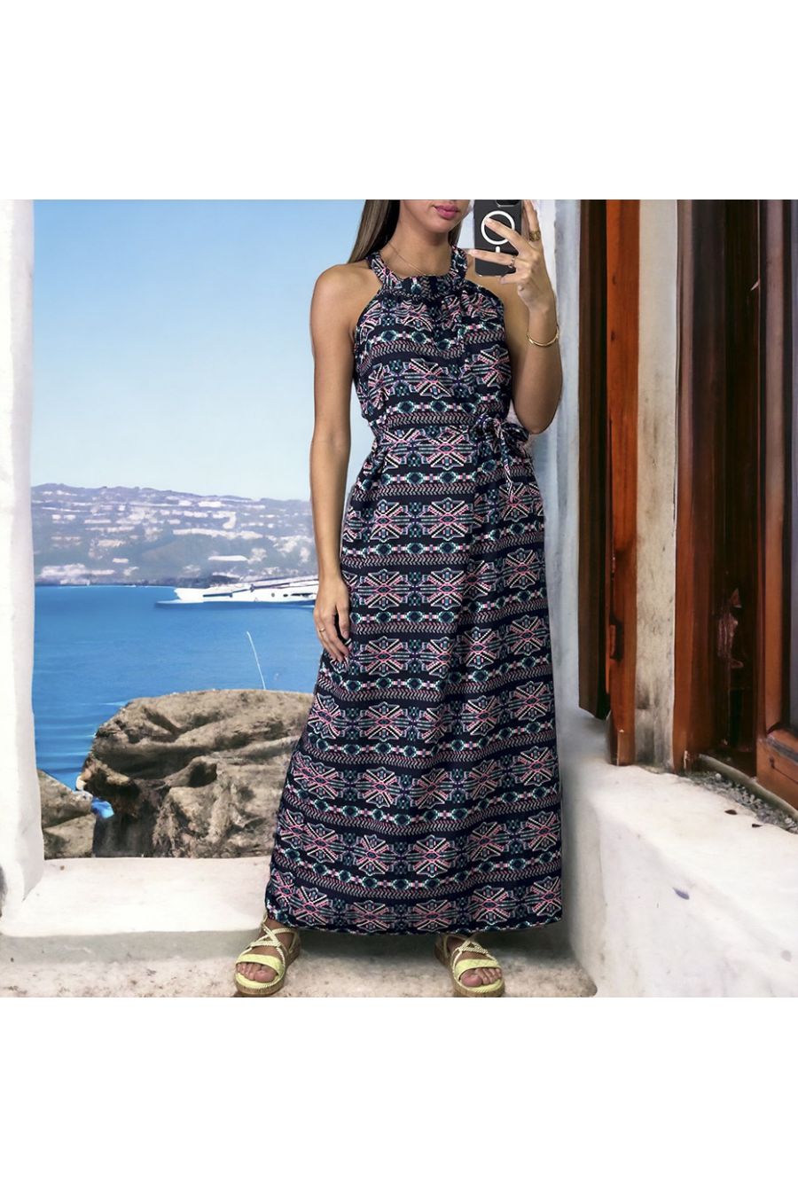 Robe longue marine à motif fleuris à col rond - 1
