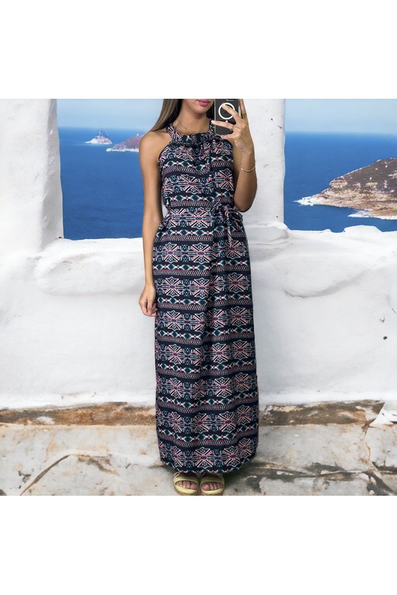Long navy dress with floral pattern and round neck - 2