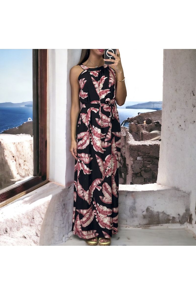 Long black and pink dress with floral pattern with round neck - 1