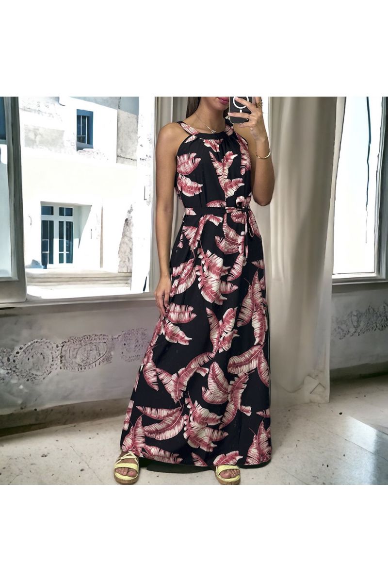 Long black and pink dress with floral pattern with round neck - 2