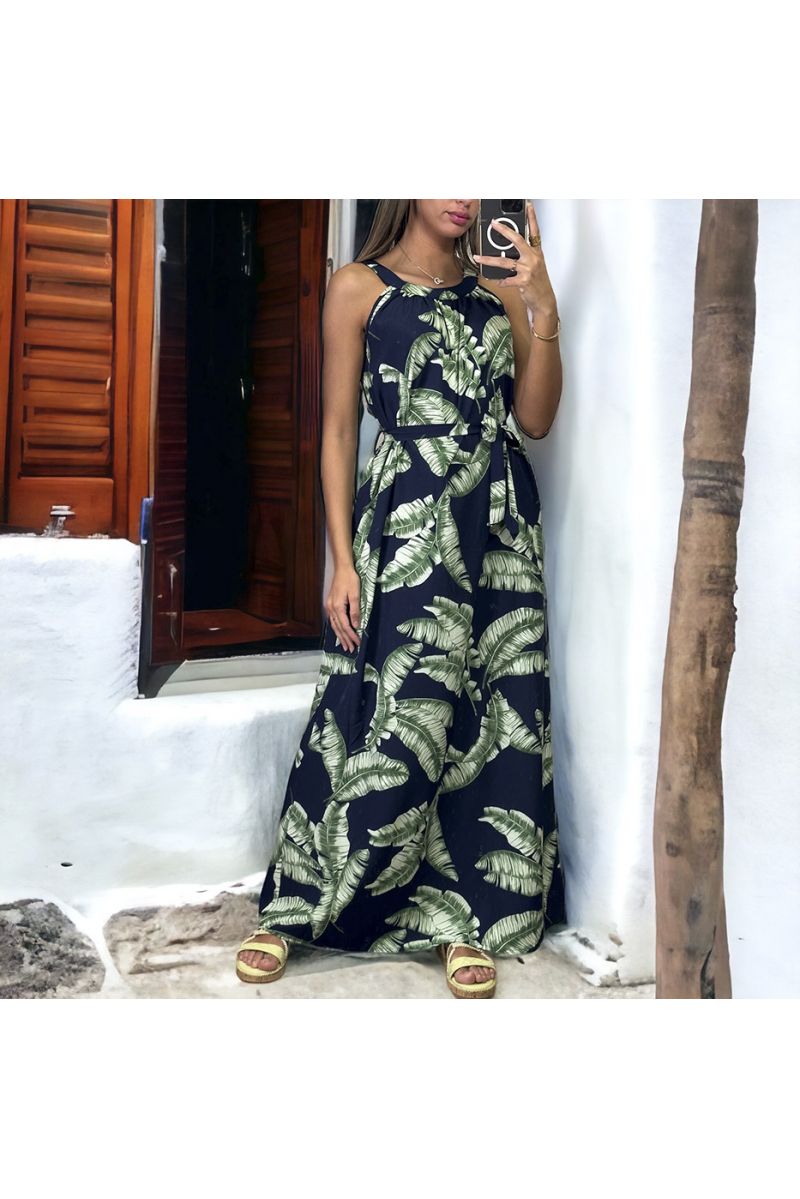 Long navy and green dress with floral pattern and round neck - 1