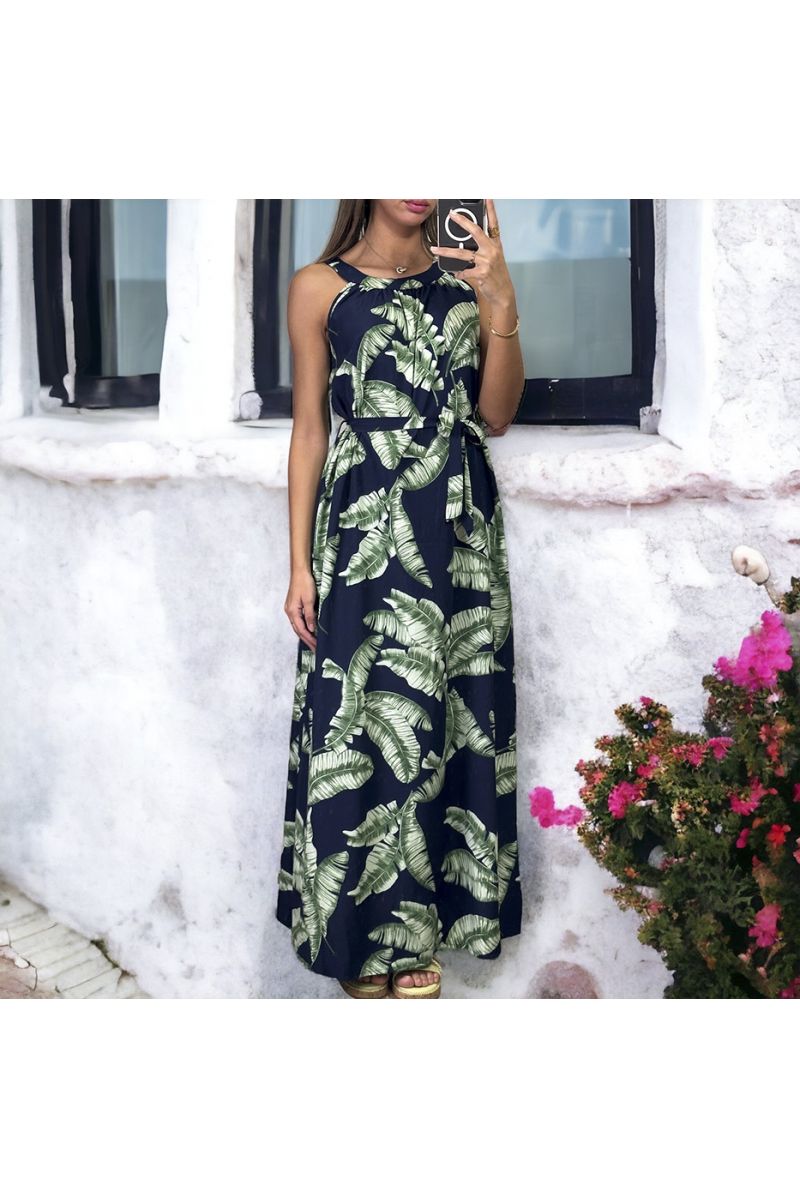 Long navy and green dress with floral pattern and round neck - 2