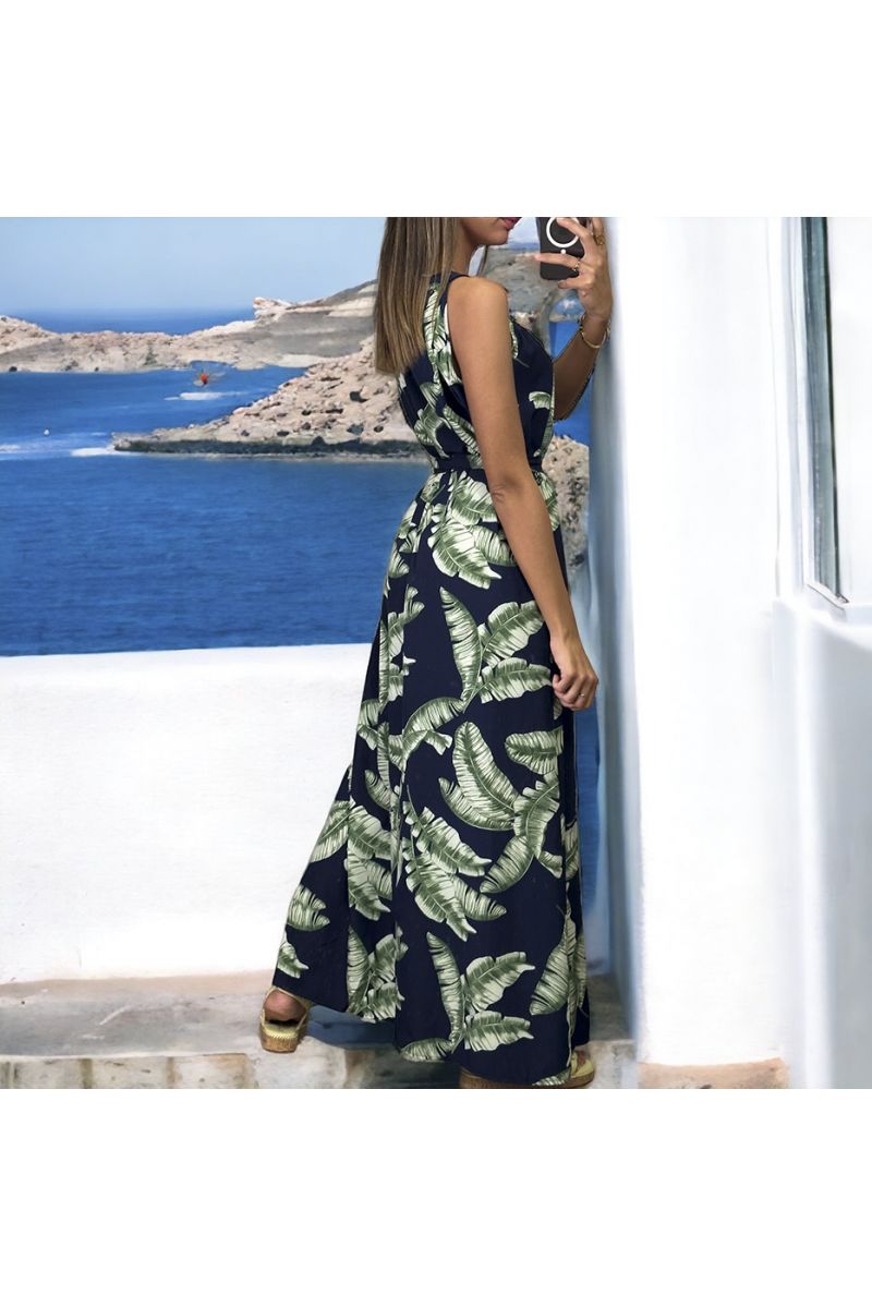 Long navy and green dress with floral pattern and round neck - 3