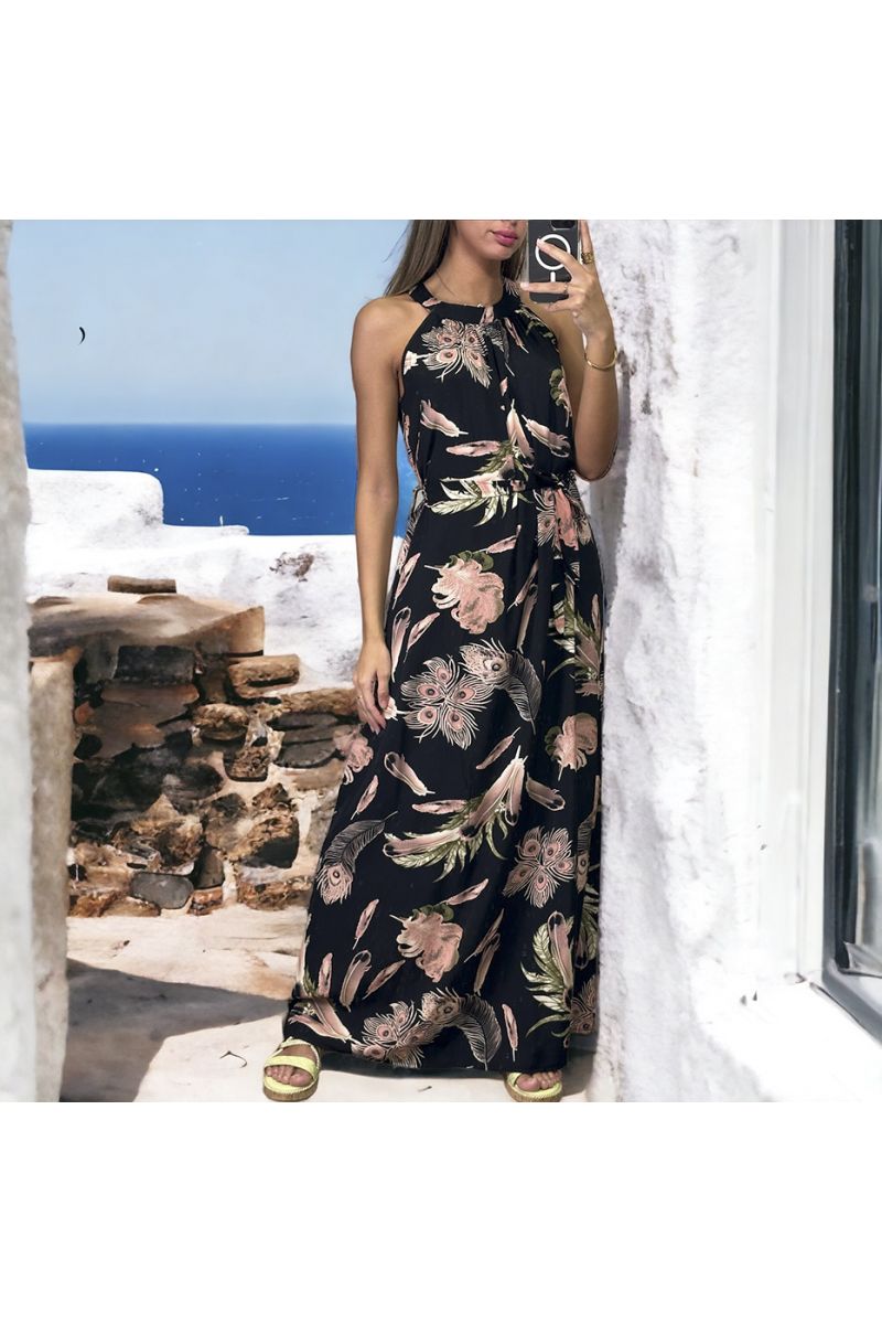 Long black dress with floral pattern with round neck - 1