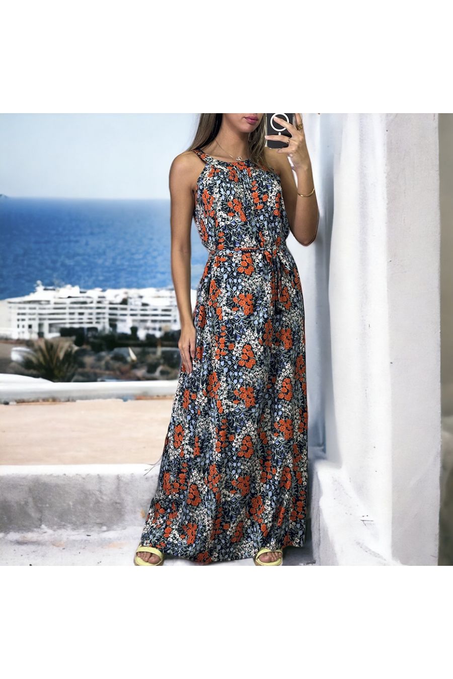 Long navy and red dress with floral pattern and round neck - 1