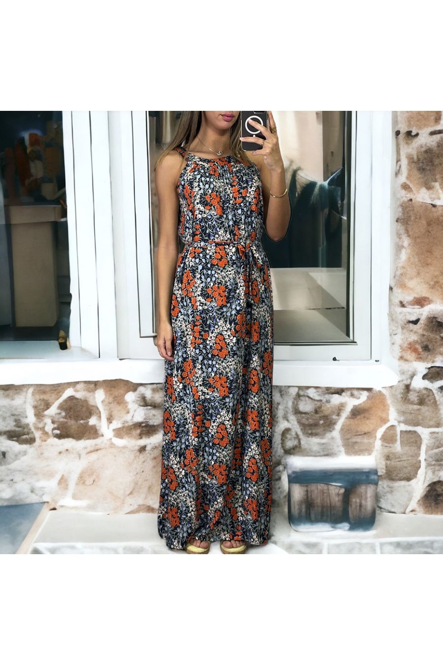 Long navy and red dress with floral pattern and round neck - 2