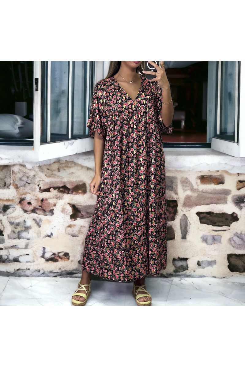 Robe longue over size noir et doré à motif fleuris - 1 Robe longue over size noir et doré à motif fleuris - 1