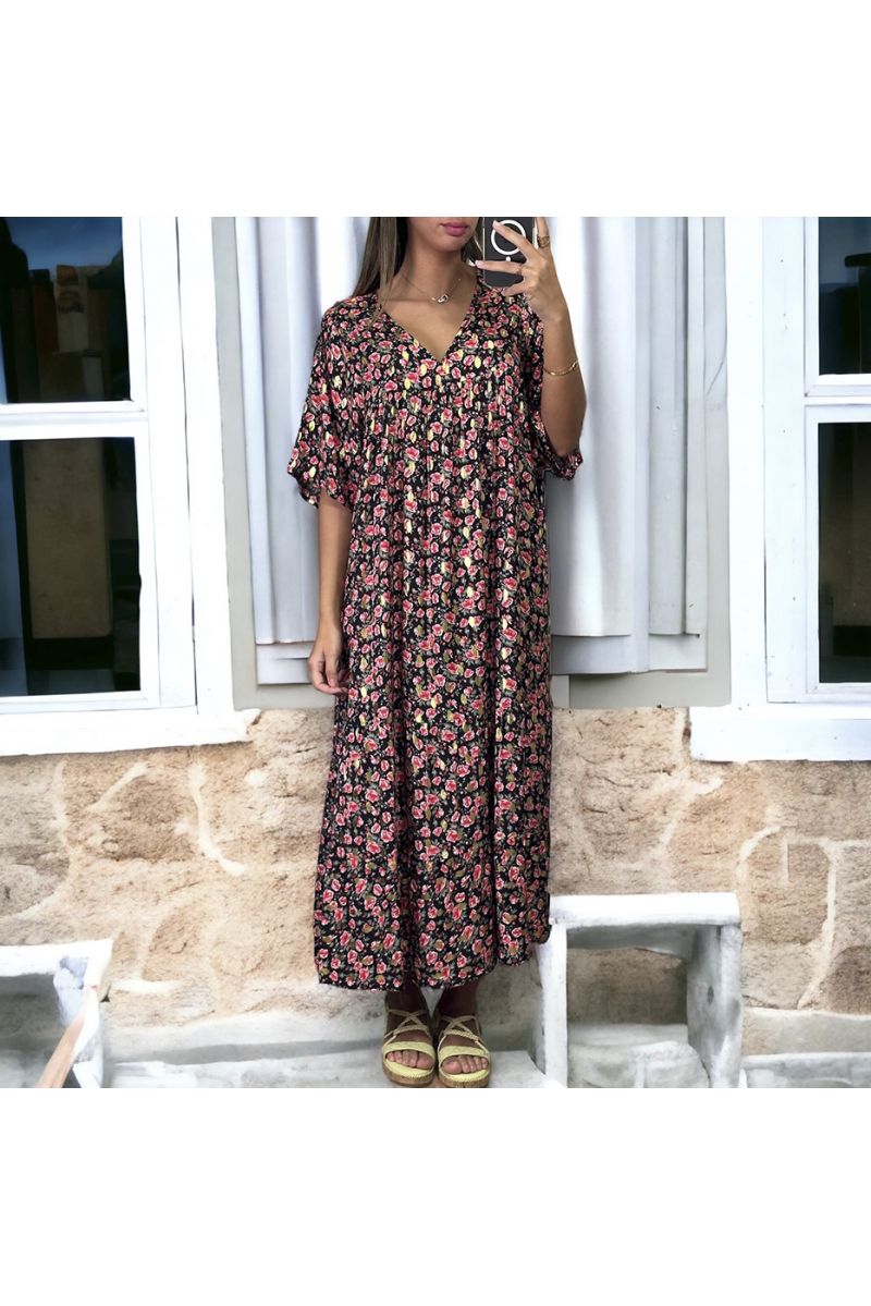 Zwart met goud oversized lange jurk met bloemmotief - 2