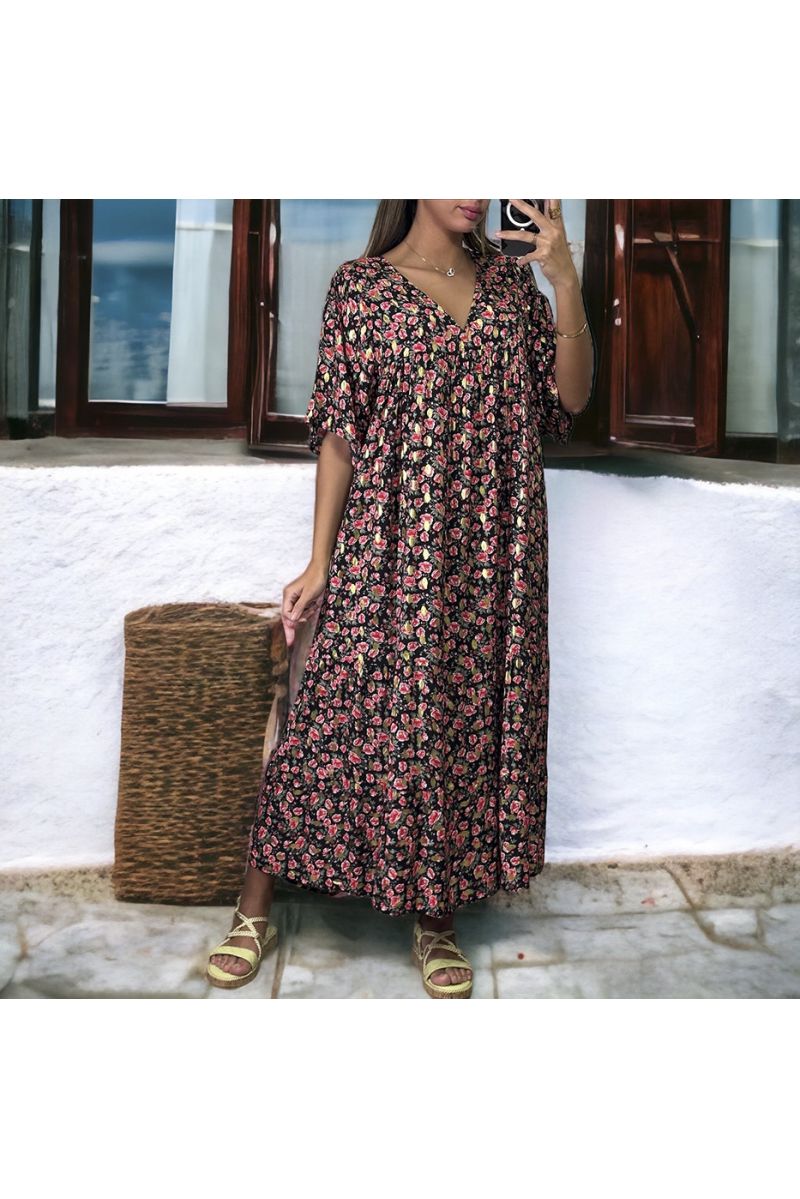 Robe longue over size noir et doré à motif fleuris - 3 Robe longue over size noir et doré à motif fleuris - 3