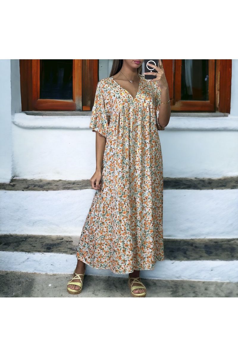 Long oversized sea green and gold dress with floral pattern - 1