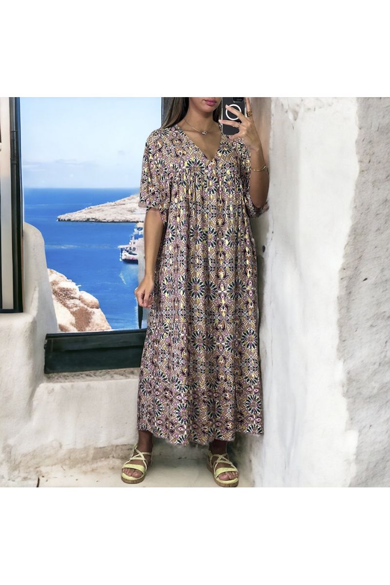 Robe longue over size violet et doré à motif fleuris - 1