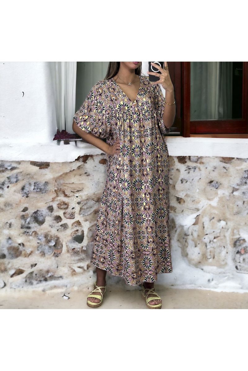 Purple and gold oversized long dress with floral pattern - 2