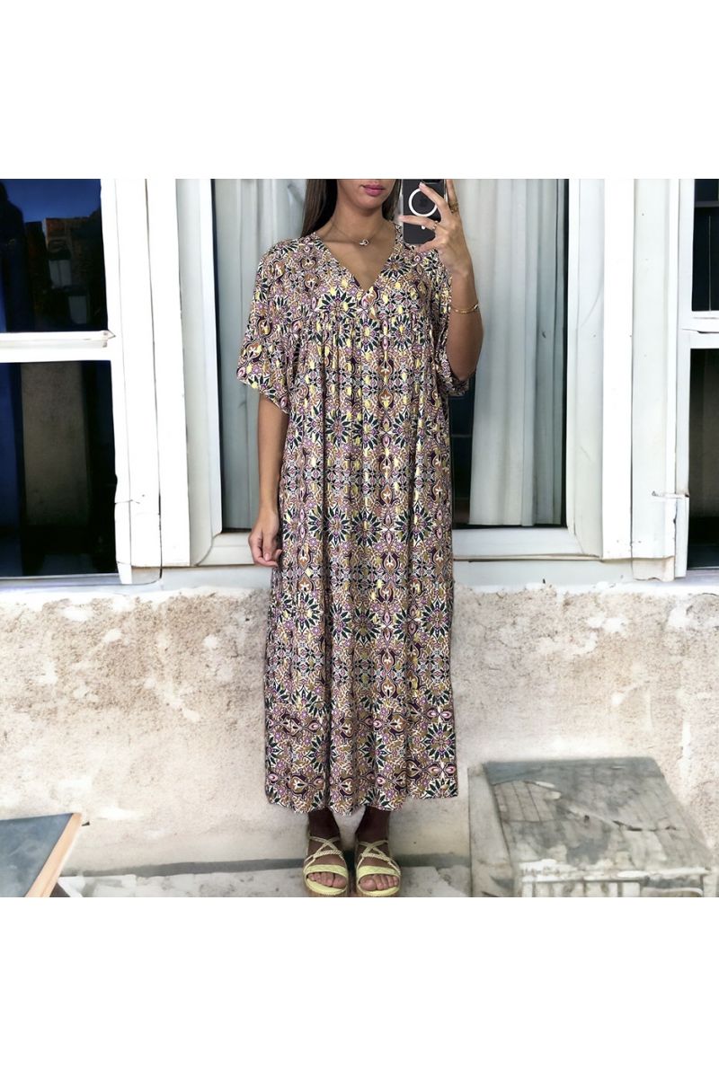 Robe longue over size violet et doré à motif fleuris - 3