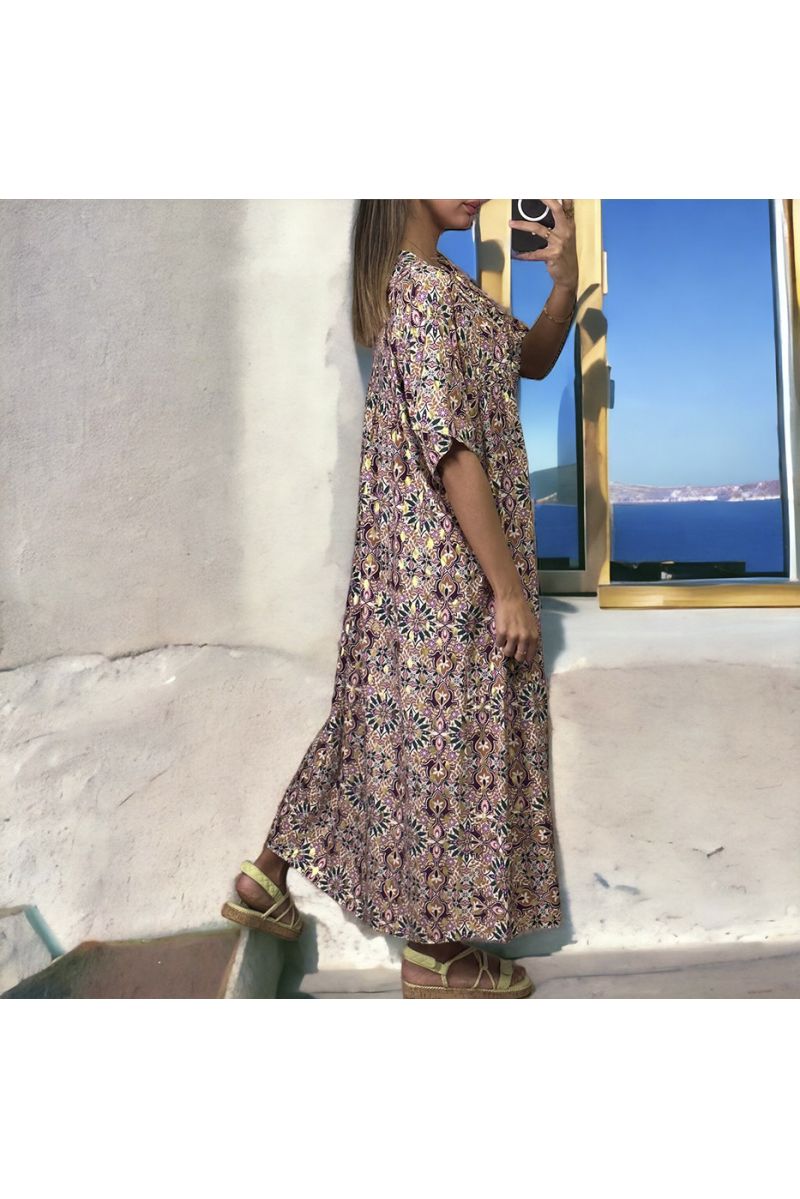 Robe longue over size violet et doré à motif fleuris - 4