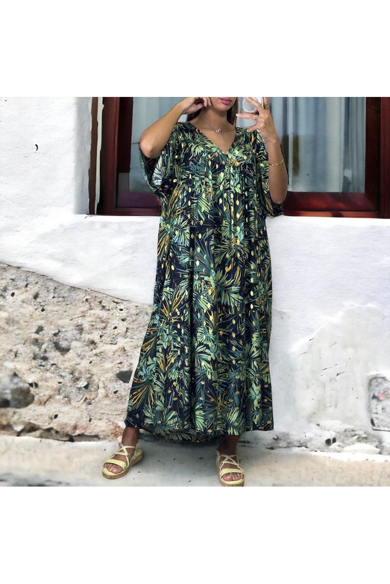 Groen met goud oversized lange jurk met bloemmotief - 1
