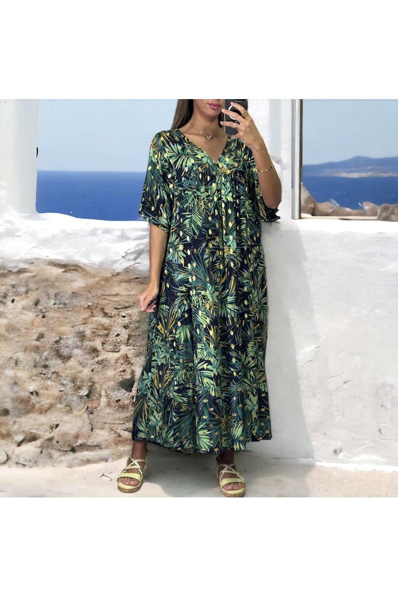 Groen met goud oversized lange jurk met bloemmotief - 2