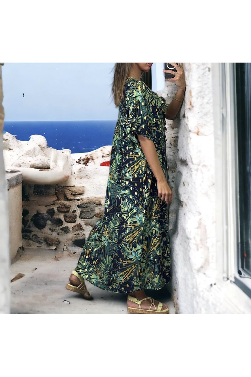 Groen met goud oversized lange jurk met bloemmotief - 3