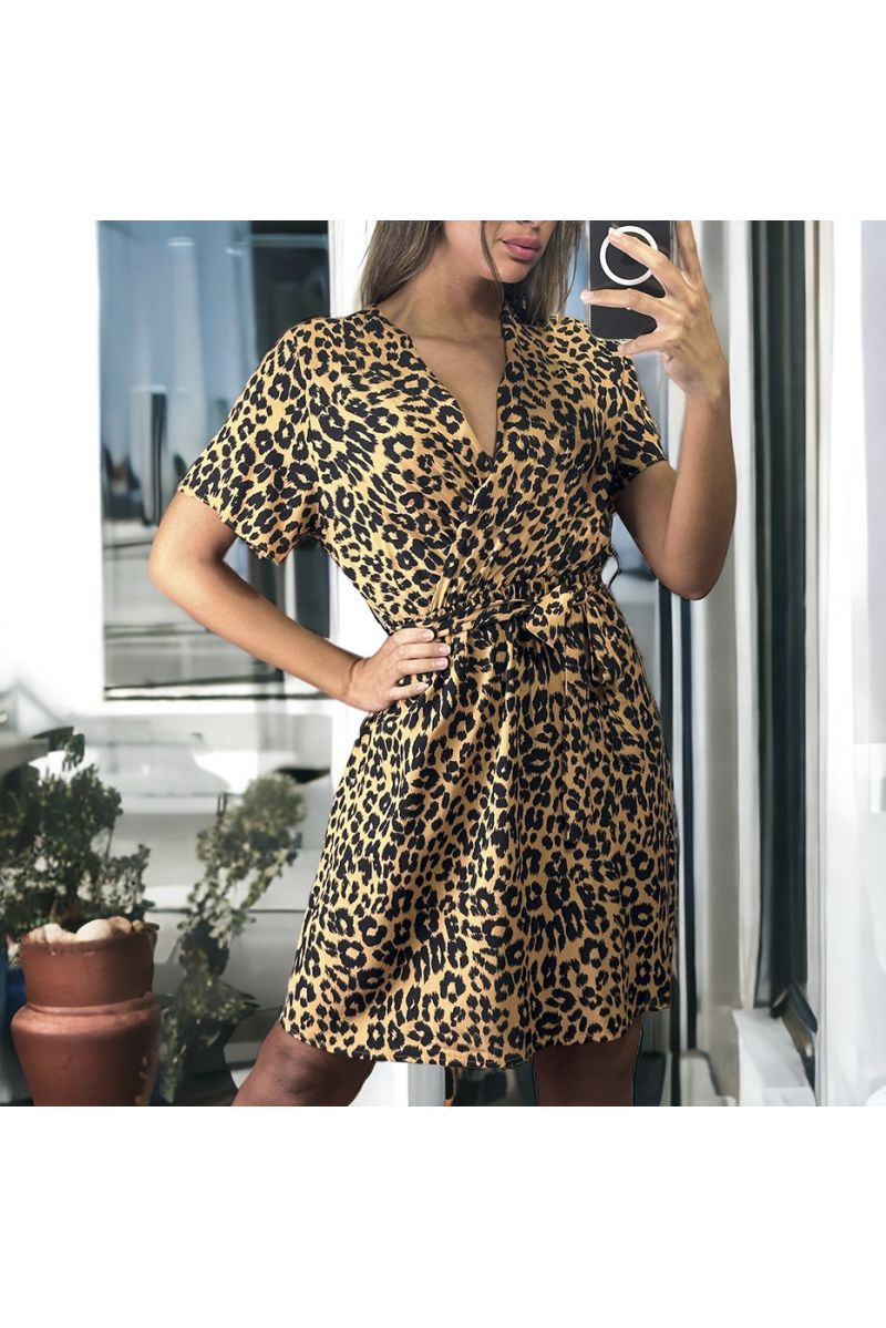 Camelkleurige gekruiste jurk met luipaardprint - 2