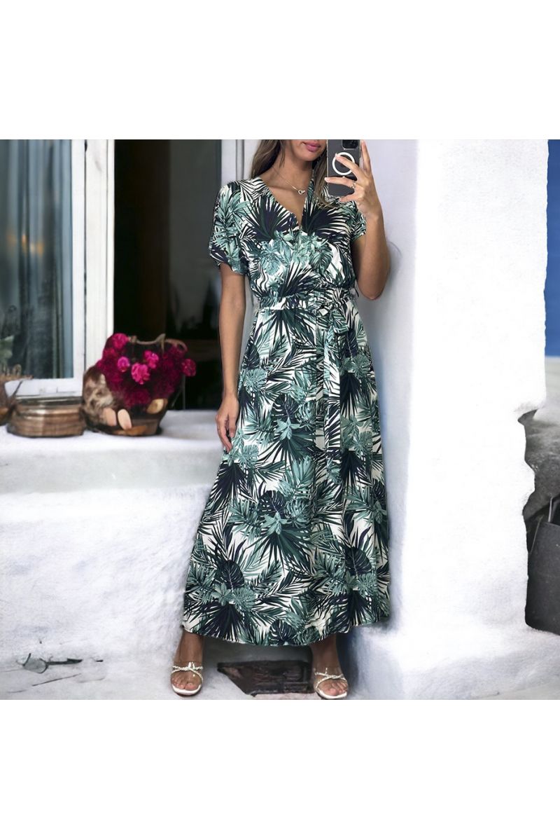 Long white and black double breasted dress with leaf pattern - 1