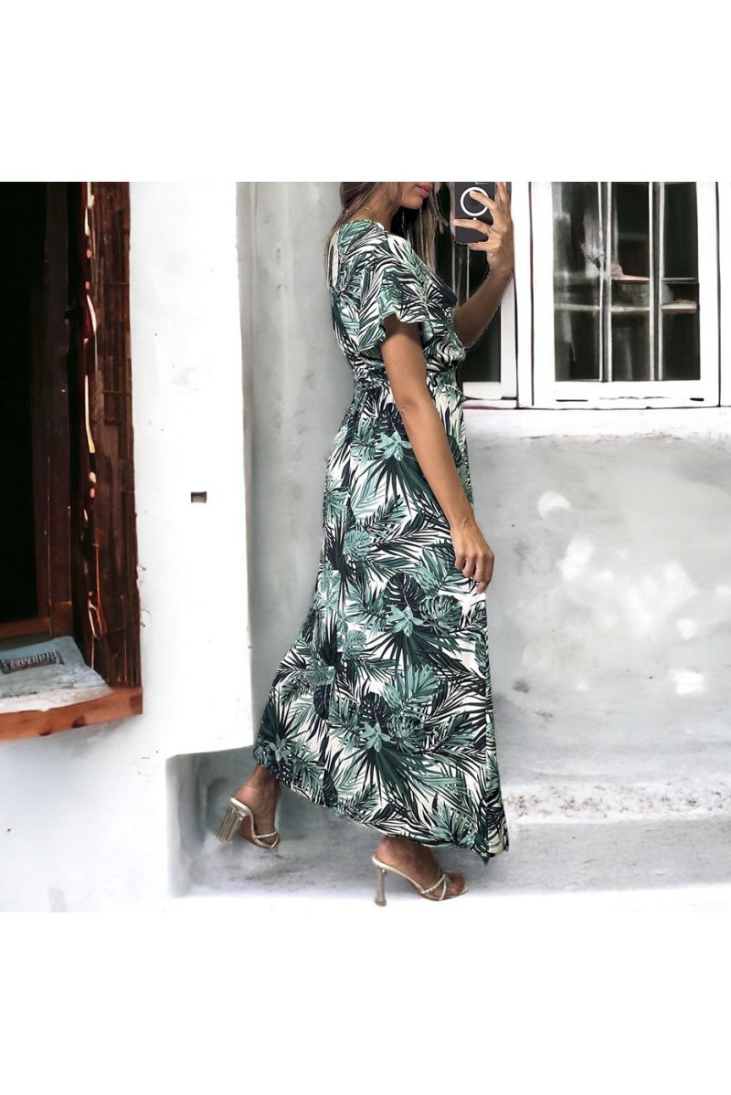 Long white and black double breasted dress with leaf pattern - 3