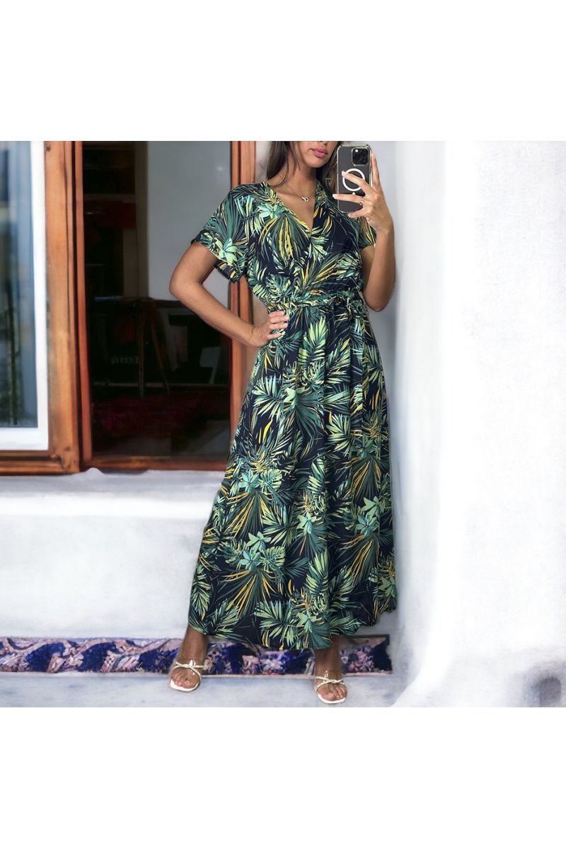 Long yellow and black wrap dress with leaf pattern - 1