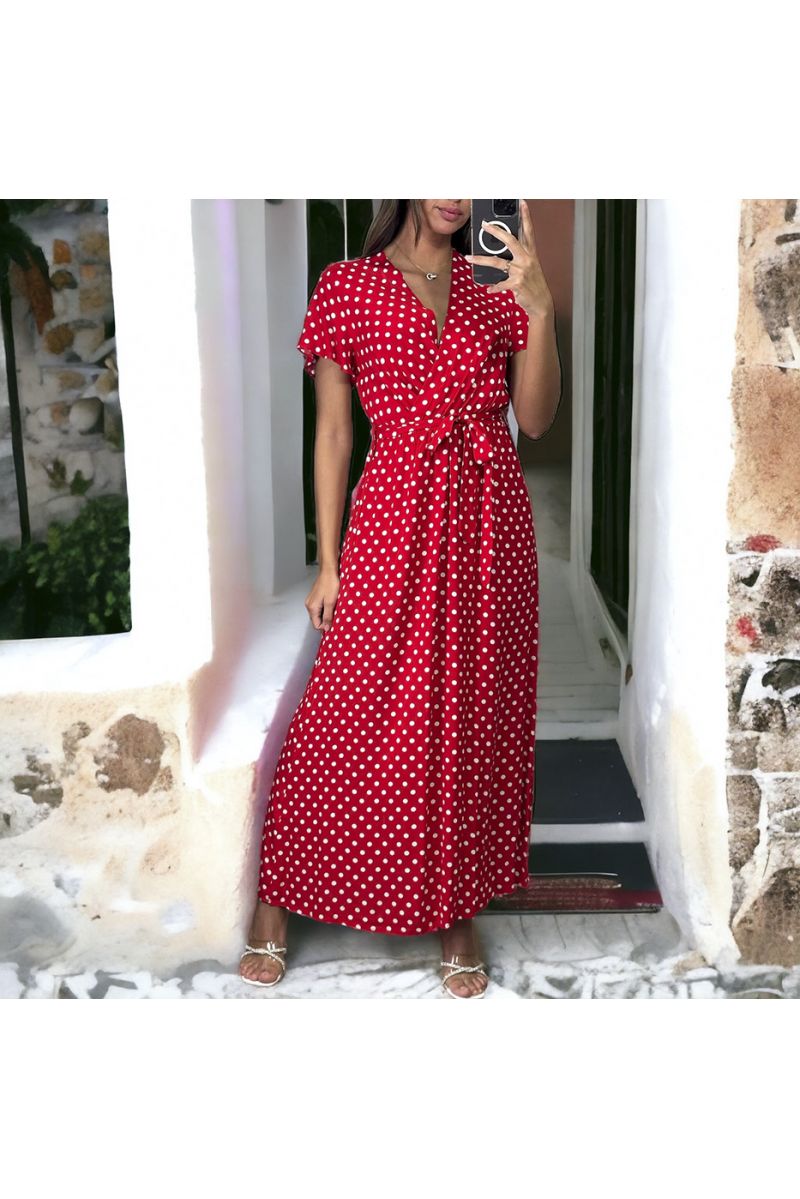 Long red and white double-breasted dress with pattern - 1