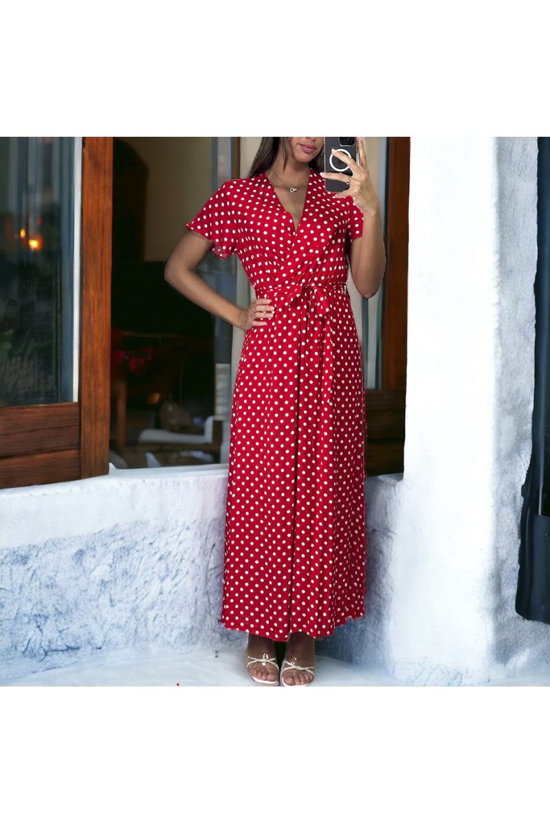 Longue robe croisé rouge et blanc à motif - 2