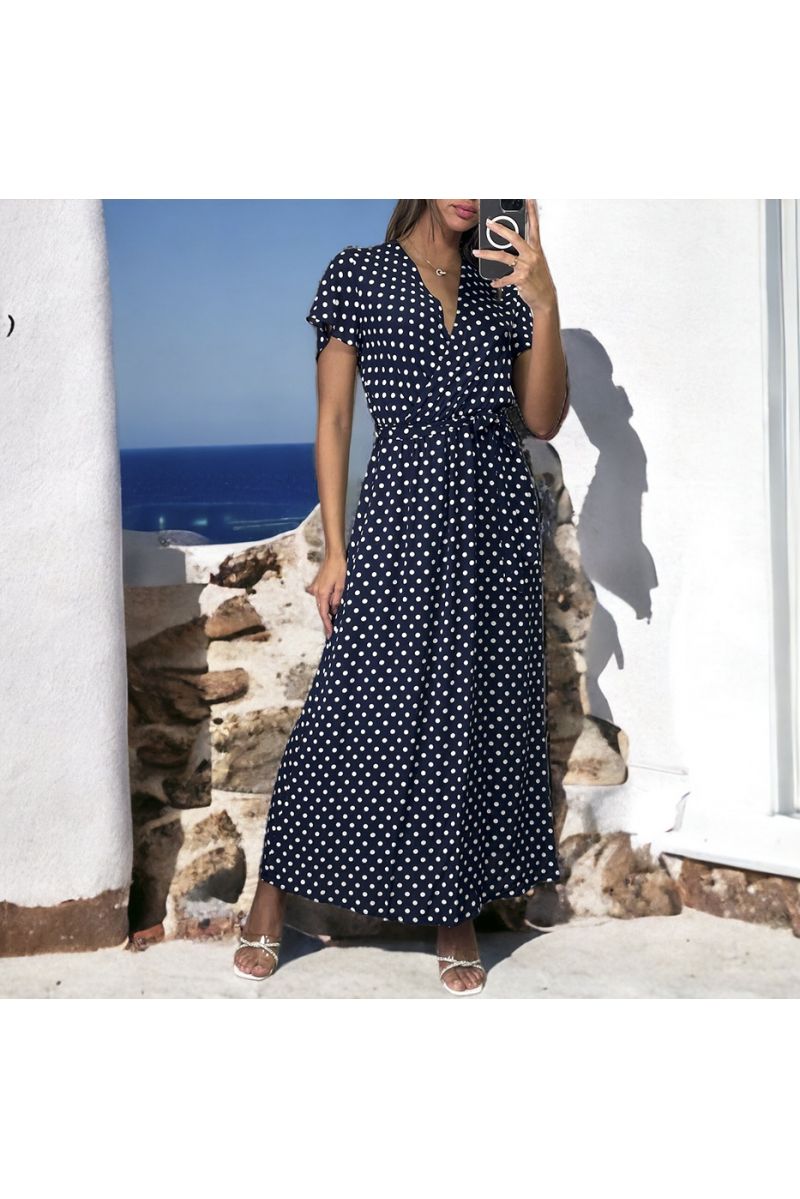 Longue robe croisé marine et blanc à motif - 1