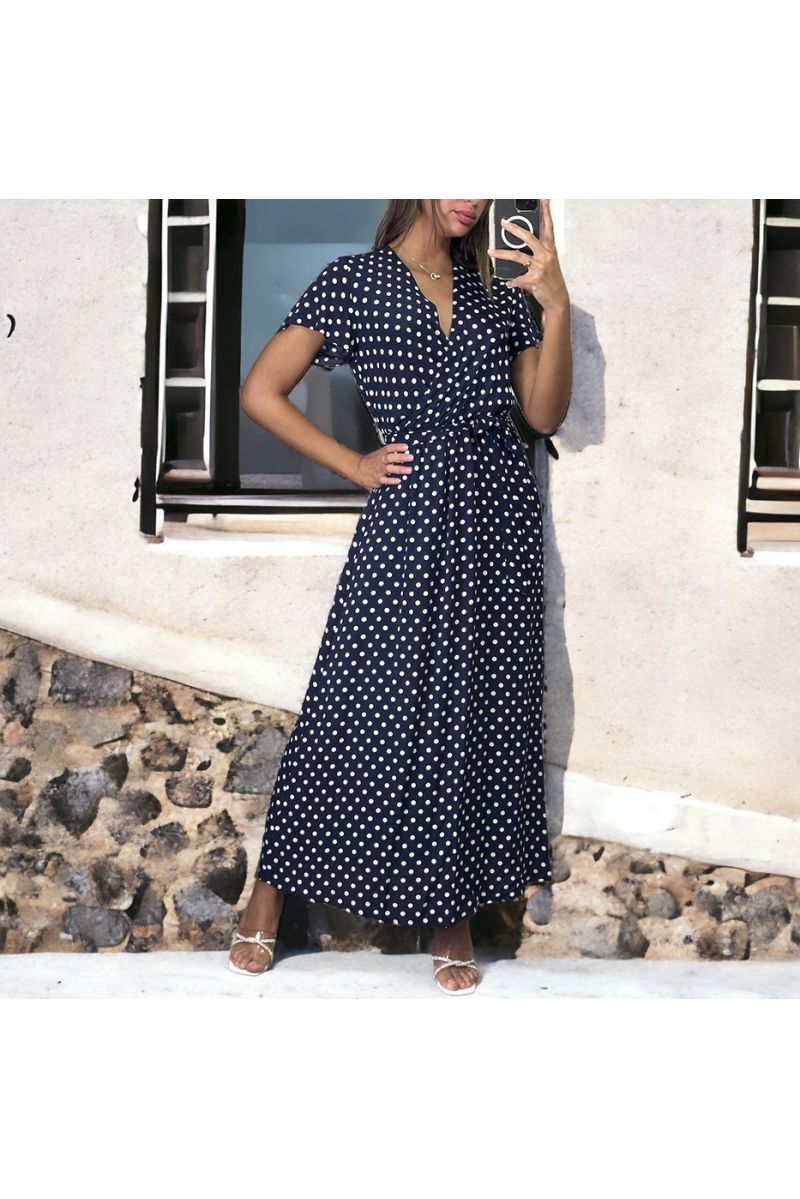 Longue robe croisé marine et blanc à motif - 2