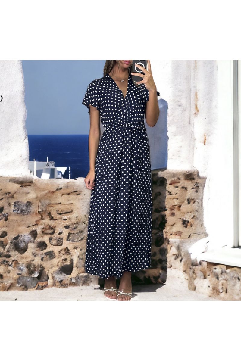 Longue robe croisé marine et blanc à motif - 3