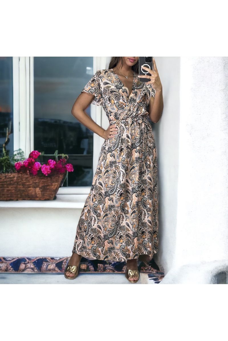 Longue robe croisé rose à motif très chic - 1