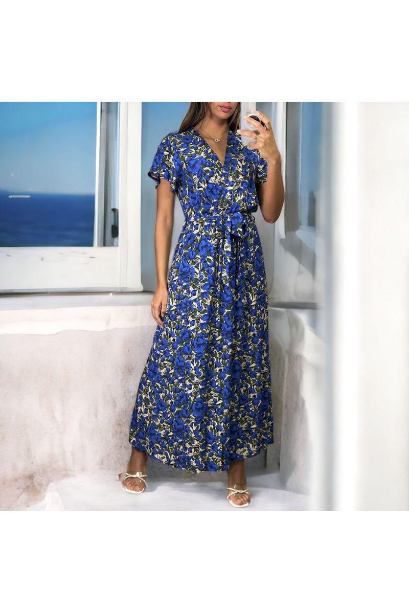 Longue robe croisé motif fleuris royal - 1