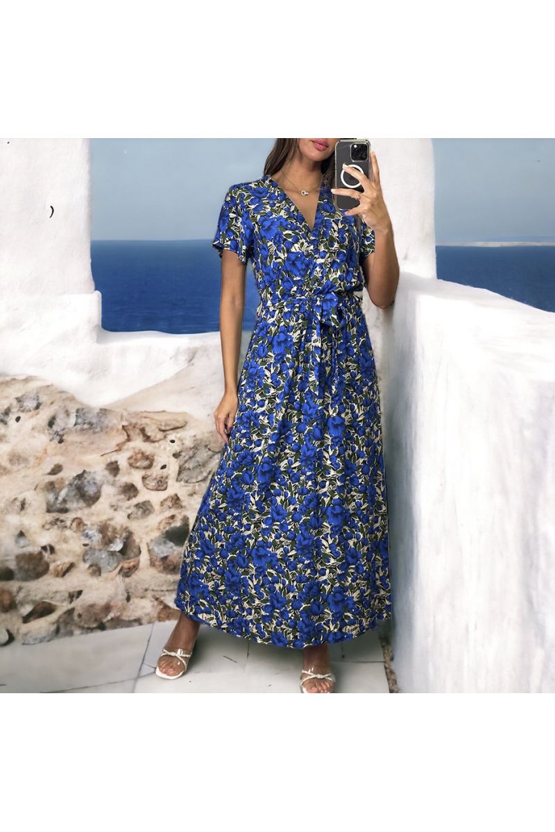 Longue robe croisé motif fleuris royal - 2