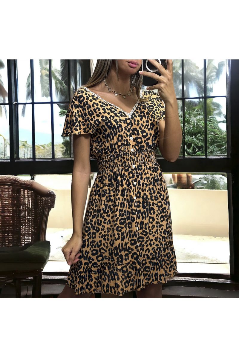 Taupe jurk met luipaardprint, aangerimpeld in de taille - 2