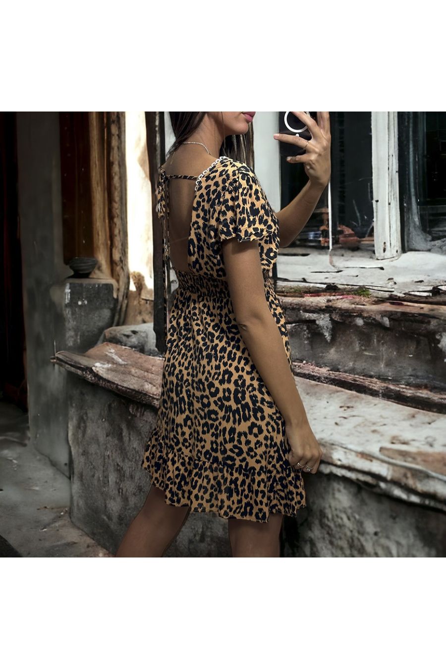 Robe motif léopard taupe froncé à la taille - 3