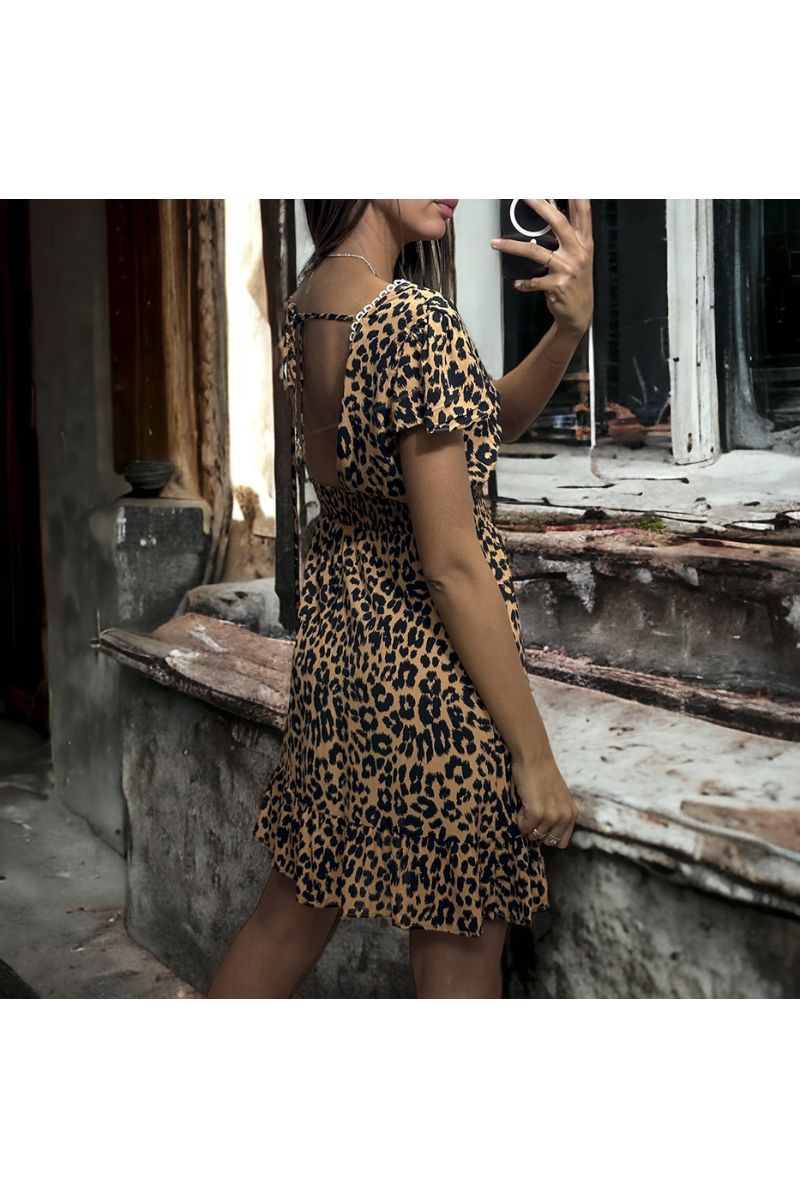 Taupe jurk met luipaardprint, aangerimpeld in de taille - 3