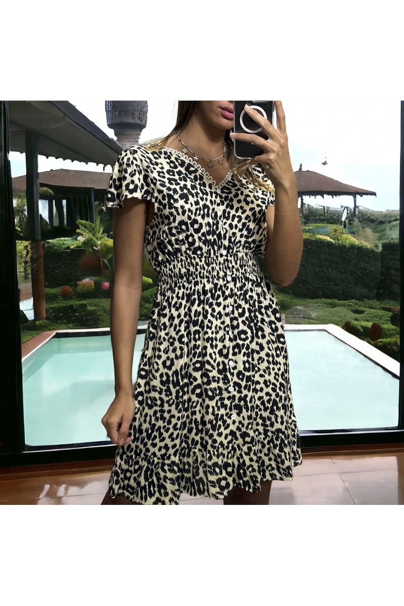 Beige jurk met luipaardprint, gerimpeld in de taille - 2