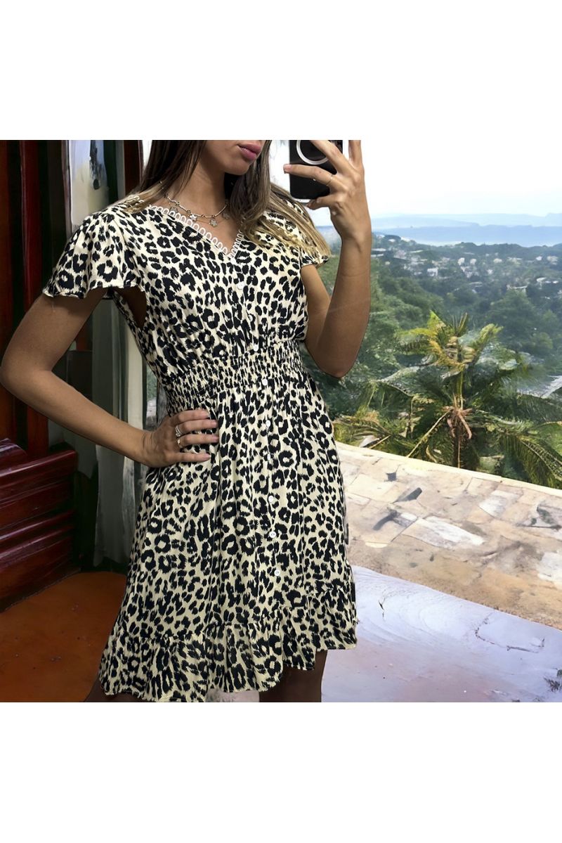 Beige jurk met luipaardprint, gerimpeld in de taille - 3