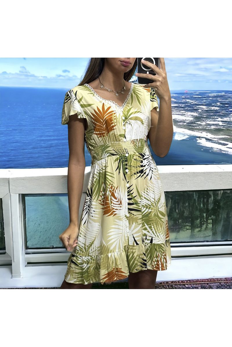 Beige leaf pattern dress gathered at the waist - 1