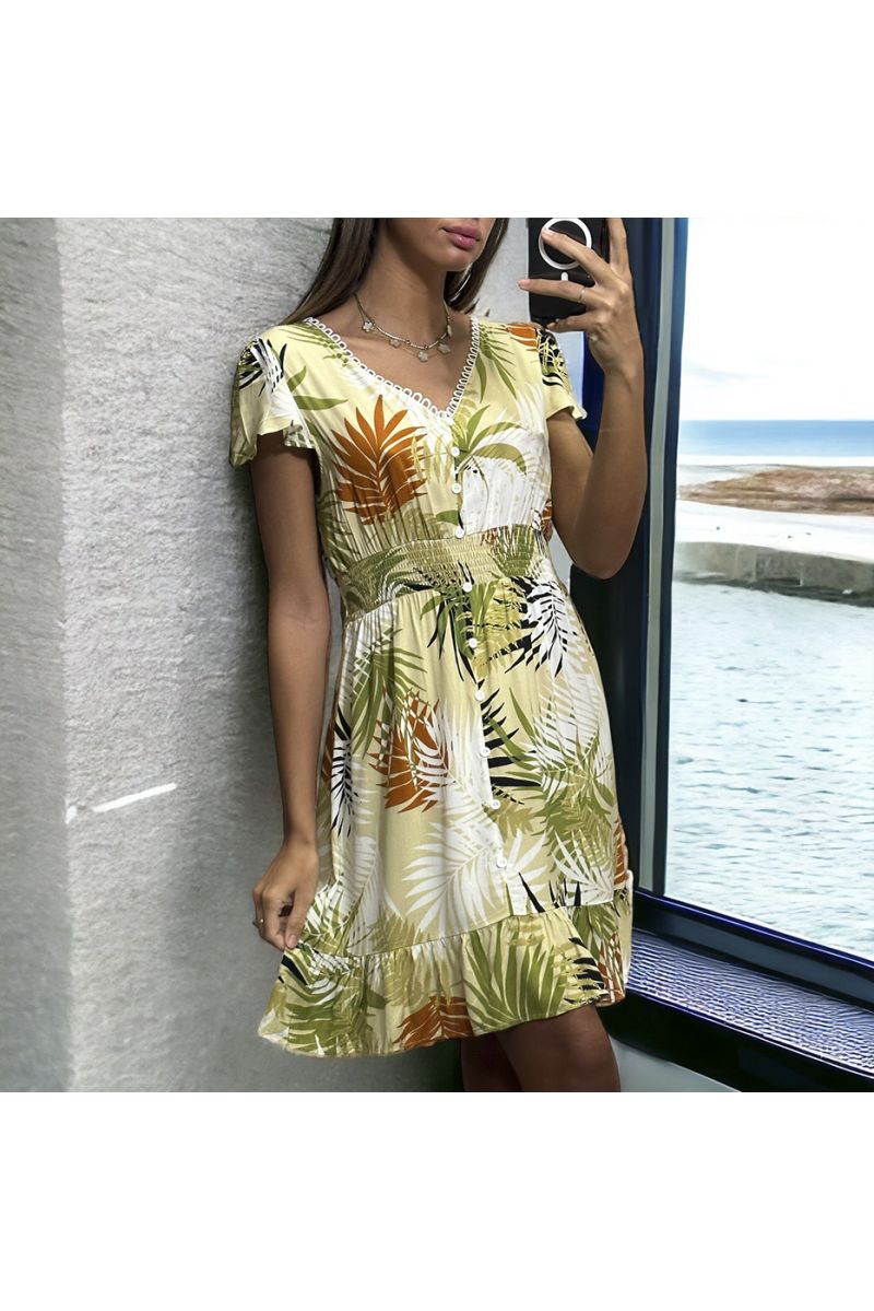 Robe motif feuille beige froncé à la taille - 2