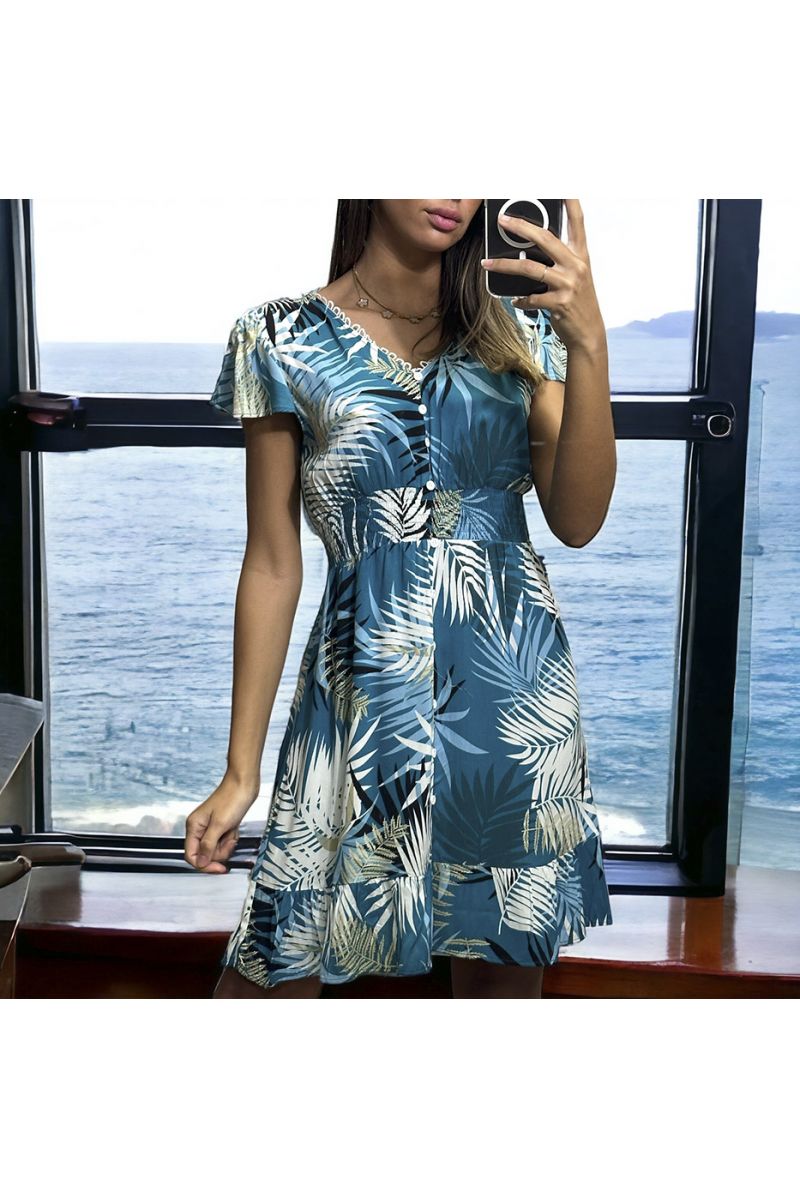 Blue leaf pattern dress gathered at the waist - 1