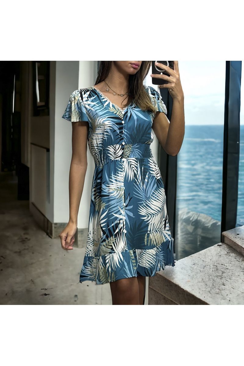 Blauwe jurk met bladpatroon, gerimpeld in de taille - 2