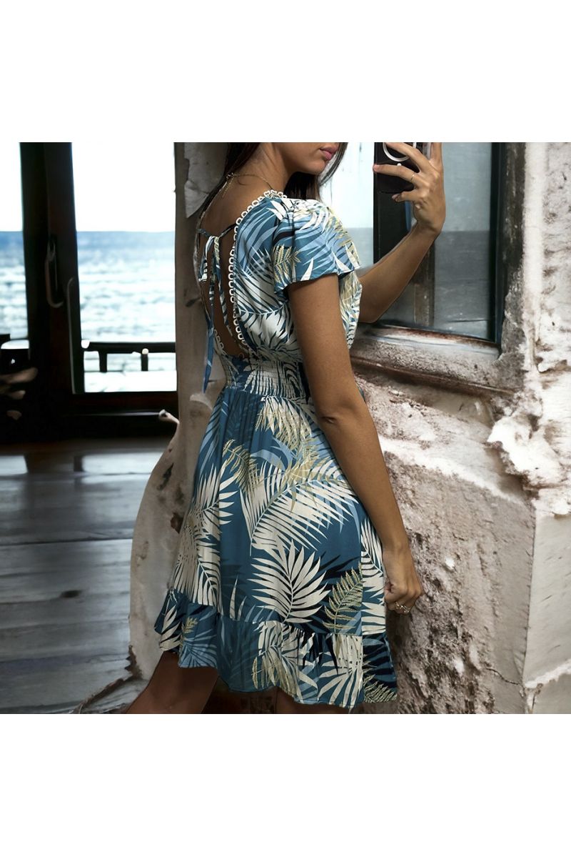 Blue leaf pattern dress gathered at the waist - 3