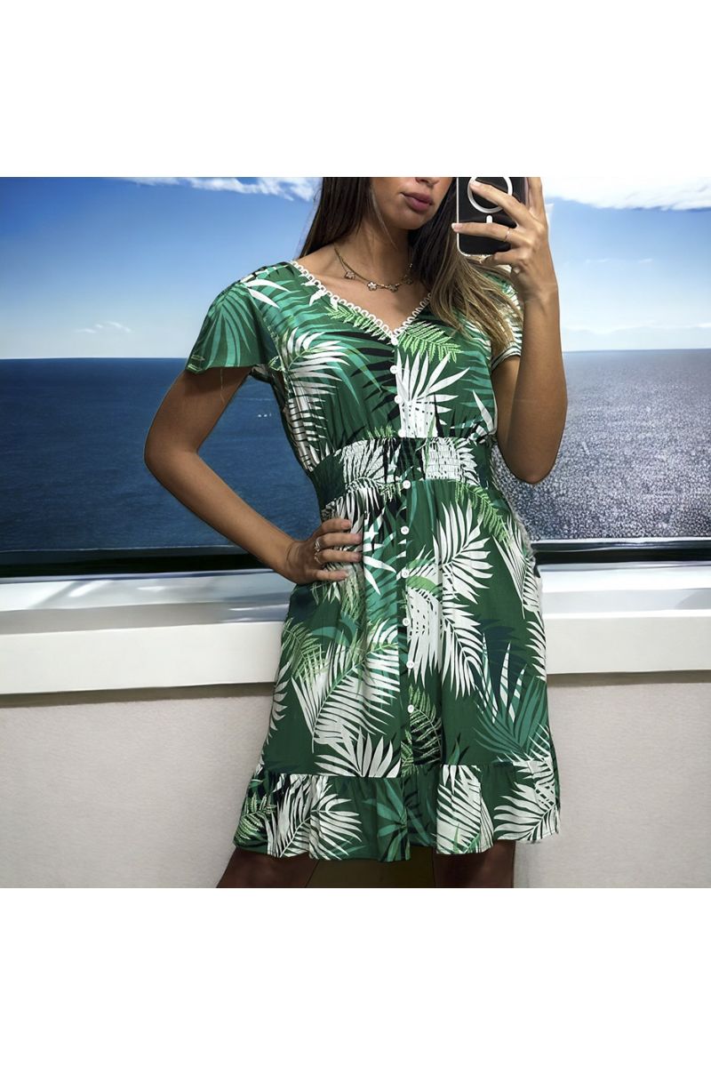 Green leaf pattern dress gathered at the waist - 1