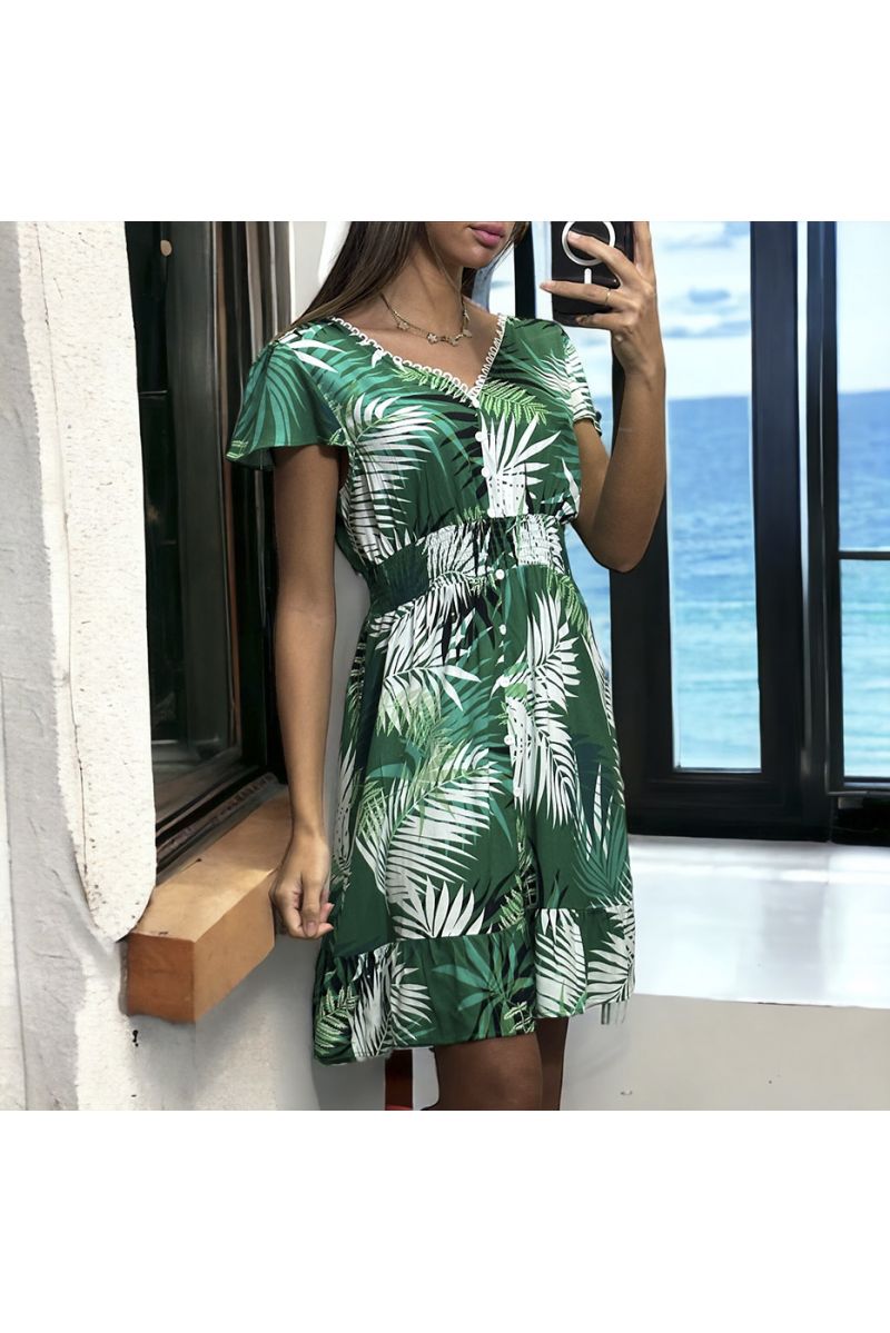 Green leaf pattern dress gathered at the waist - 2