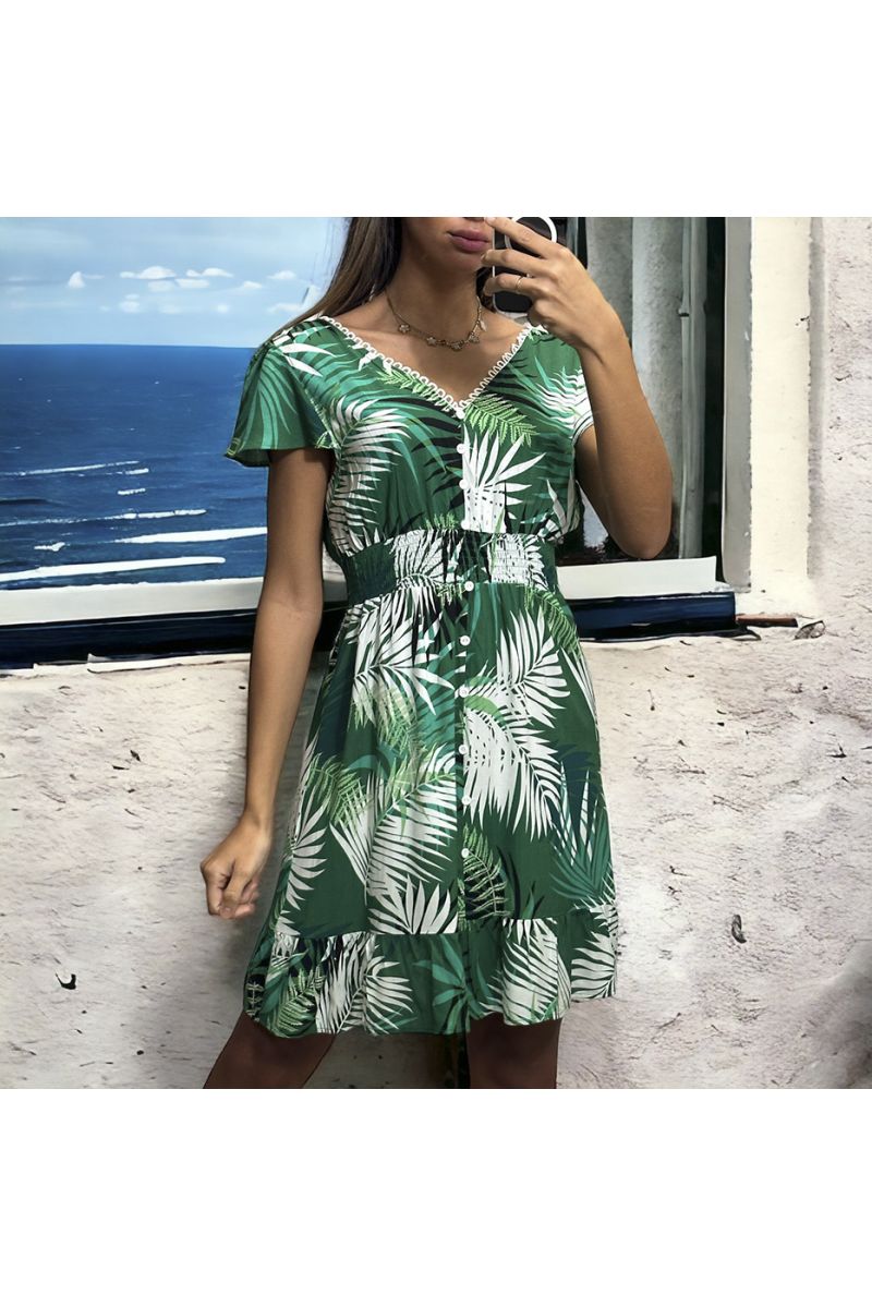 Jurk met groen bladpatroon, gerimpeld in de taille - 3
